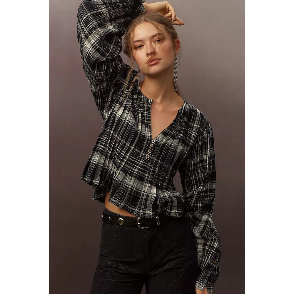 PILCRO Anthropologie Long Sleeve Pleated Plaid Swing Blouse Women's Size Large